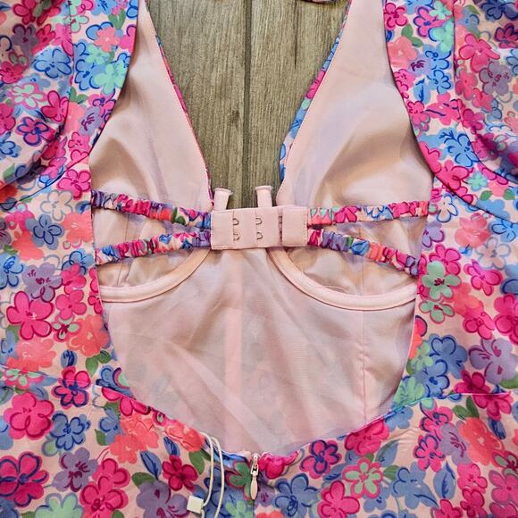 For Love & Lemons Angie Mini Dress Womens L Blue Pink Floral Corset Puff Sleeve - Picture 11 of 16